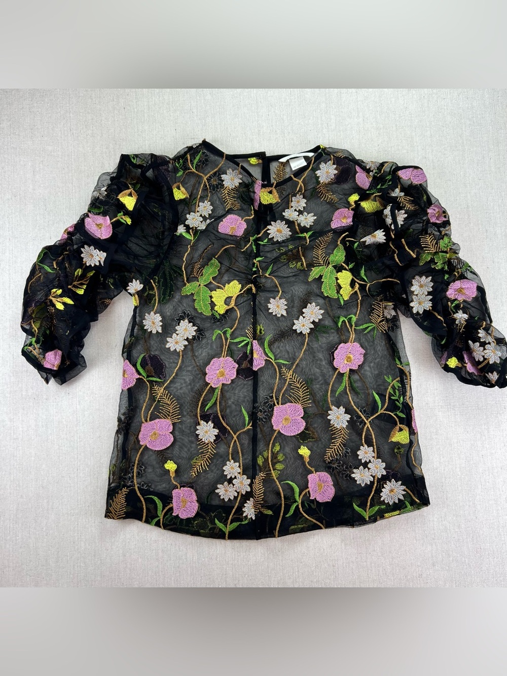 Women's Black Sheer Colorful Embroidered Floral Romantic Puffed Sleeve Blouse -M - Picture 2 of 9